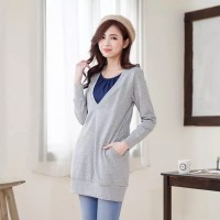 假兩件頭秋冬哺乳裙 (淺灰)